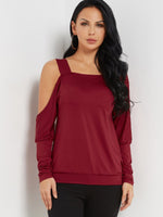Wholesale Off The Shoulder Plain Long Sleeve Burgundy T-Shirts