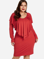 Wholesale Round Neck Plain Tiered Ruffle Trim Long Sleeve Plus Size Dress