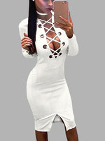 Wholesale White Deep V-Neck Long Sleeve Plain Crossed Front Slit Hem Midi Dress
