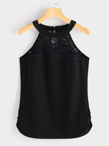 Wholesale Crew Neck Plain Lace Sleeveless Black Camis