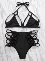 Wholesale Black Halter Sleeveless Lace-Up Cut Out Bikinis