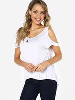 Wholesale Scoop Neck Cold Shoulder Plain Short Sleeve White Top