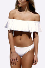 Wholesale White Off The Shoulder Sleeveless Tiered Two Piece Bikinis