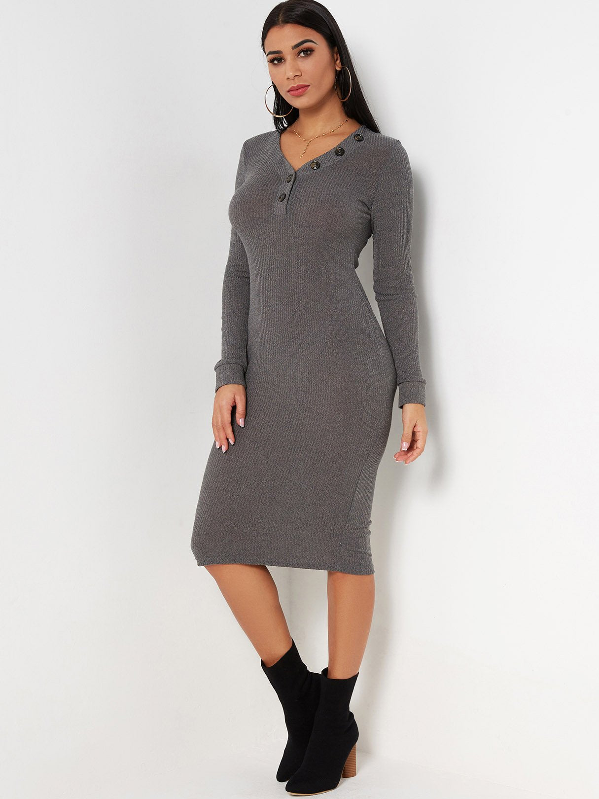 OEM Ladies Grey V-Neck Dresses