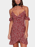 Wholesale V-Neck Sleeveless Floral Print Backless Ruffle Hem Dresses
