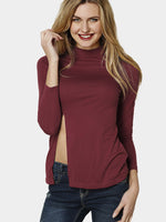 Wholesale Crew Neck Long Sleeve Slit Hem Burgundy T-Shirts