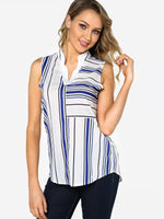Wholesale V-Neck Lapel Collar Stripe Sleeveless Curved Hem Blue Camis