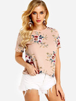 Wholesale Crew Neck Floral Print Short Sleeve Khaki T-Shirts
