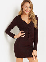 Wholesale Burgundy V-Neck Long Sleeve Plain Bodycon Dresses