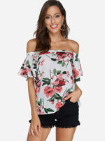 Wholesale Off The Shoulder Floral Print Short Sleeve White Blouses