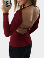 Wholesale Round Neck Plain Backless Long Sleeve Burgundy T-Shirts