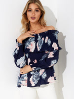 Wholesale Off The Shoulder Floral Print Long Sleeve Navy Blouse