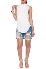 Wholesale Halter Backless Cut Out Sleeveless Curved Hem White Camis