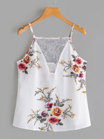 Wholesale Deep V Neck Floral Print Lace Backless Spaghetti Strap Sleeveless White Camis