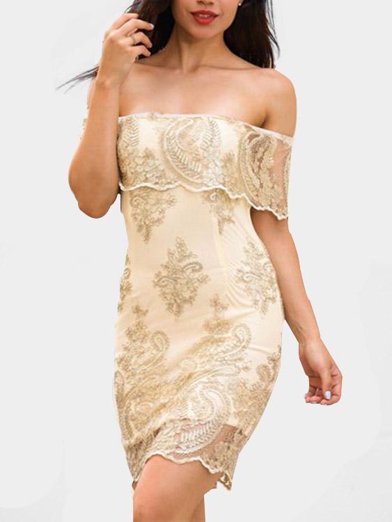 Wholesale Gold Off The Shoulder Long Sleeve Embroidered Lace Tiered Zip Back Dresses