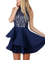 Wholesale Navy Crew Neck Sleeveless Lace Flounced Hem Mini Dresses