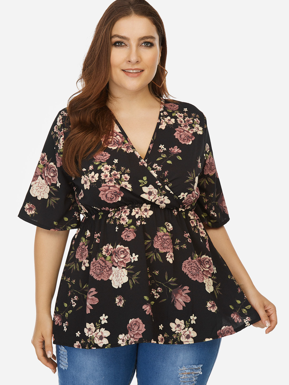 Wholesale V-Neck Floral Print Half Sleeve Curved Hem Black Plus Size Tops