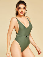 Wholesale Deep V Neck Plain Backless Belt Sleeveless Green One-Pieces