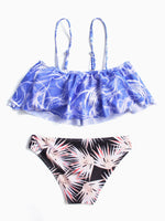 Wholesale Blue Off The Shoulder Sleeveless Floral Print Flounced Hem Two Piece Bikinis
