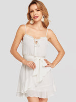 Wholesale White V-Neck Sleeveless Plain Lace-Up Spaghetti Strap Slit Hem Dresses