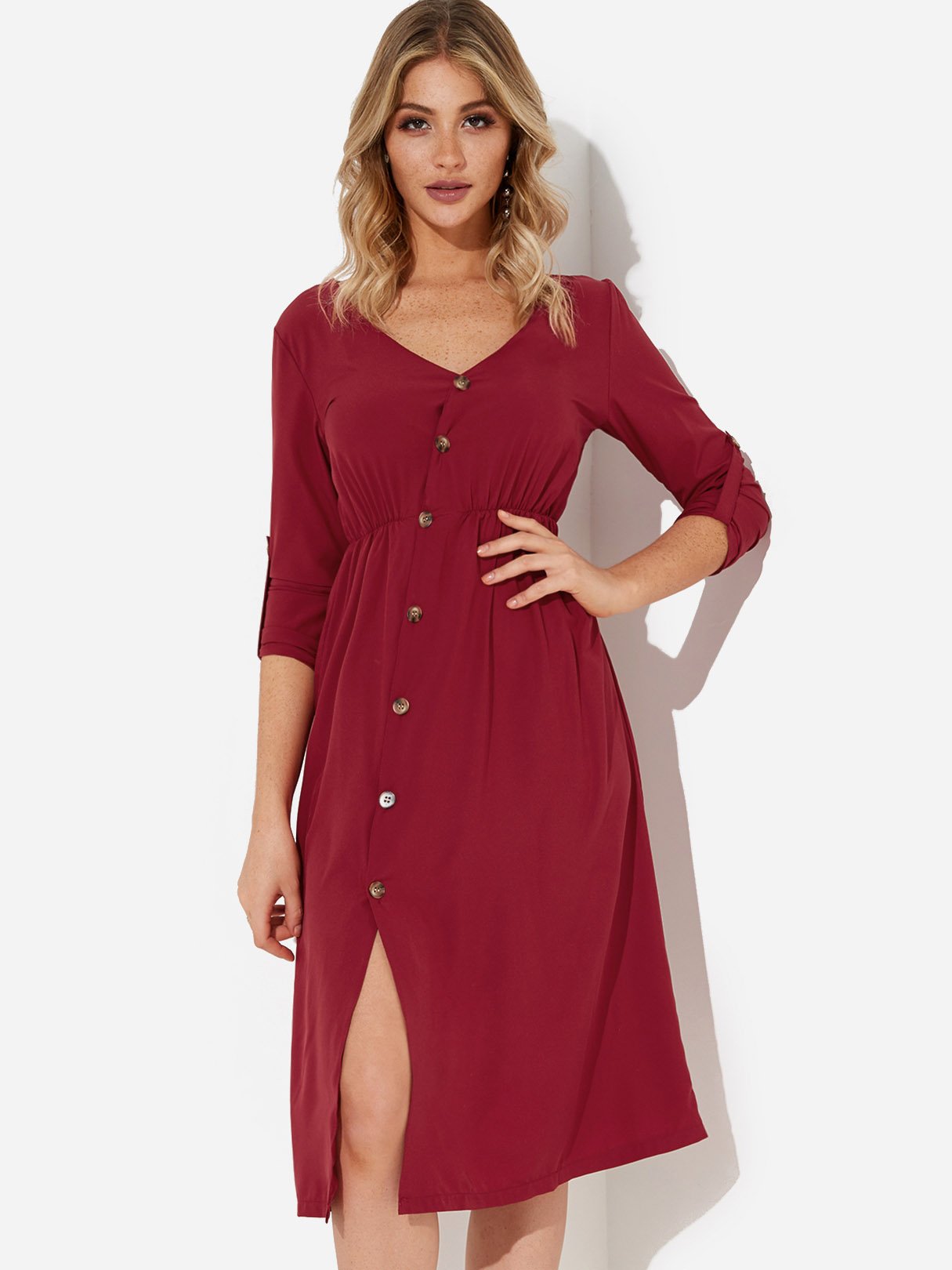 OEM Ladies Burgundy V-Neck Dresses