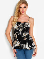 Wholesale V-Neck Floral Print Spaghetti Strap Sleeveless Ruffle Hem Black Camis