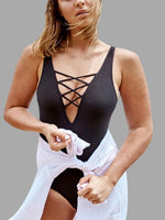 Wholesale Black Deep V-Neck Sleeveless Plain Backless Cut Out One-Pieces