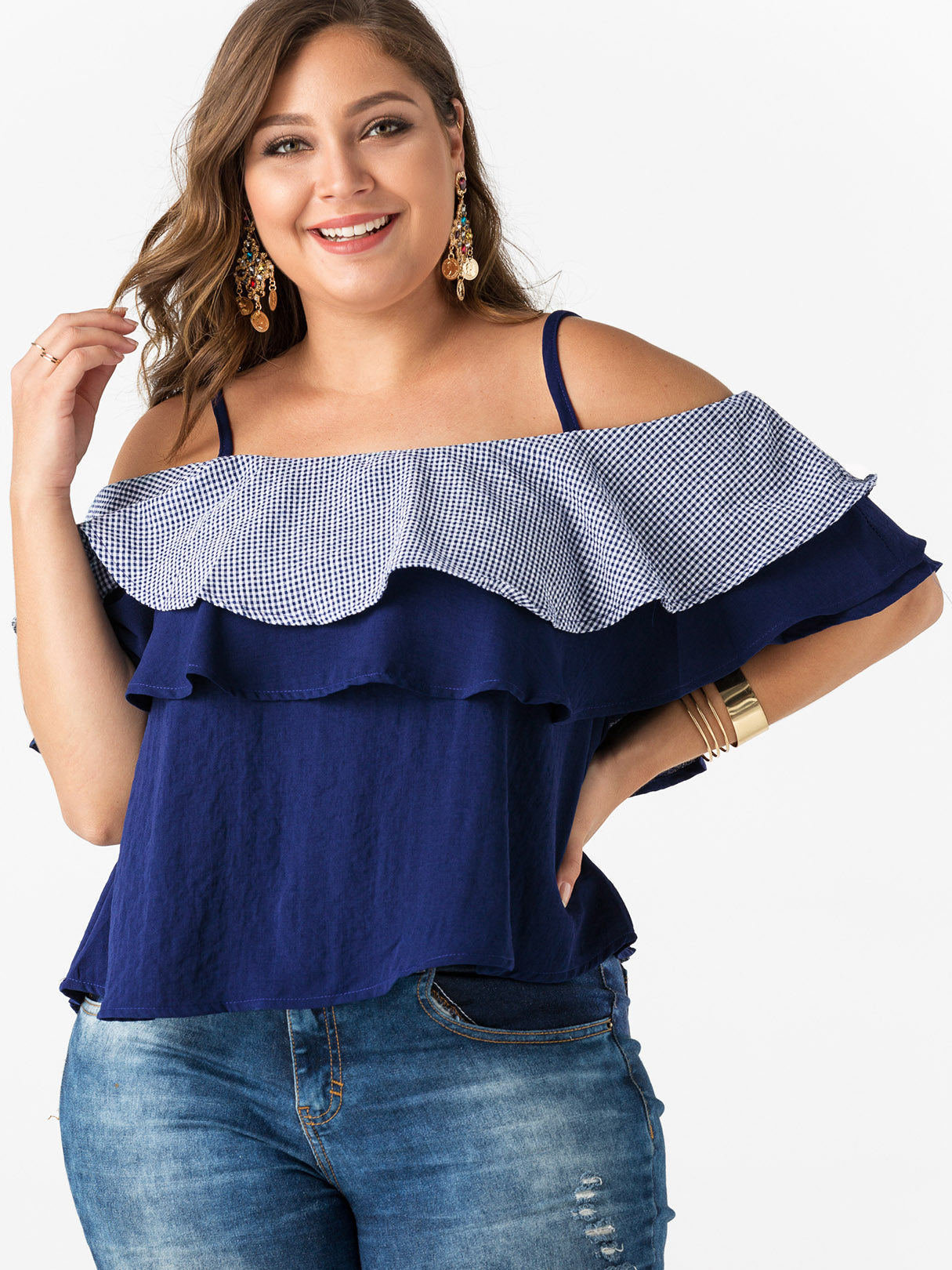 Wholesale Off The Shoulder Plain Tiered Short Sleeve Flounced Hem Dark Blue Plus Size Tops