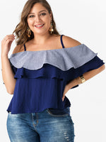 Wholesale Off The Shoulder Plain Tiered Short Sleeve Flounced Hem Dark Blue Plus Size Tops