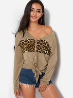 Wholesale V-Neck Leopard Khaki T-Shirts