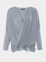 Wholesale V-Neck Crossed Front Pleated Long Sleeve Irregular Hem Grey T-Shirts