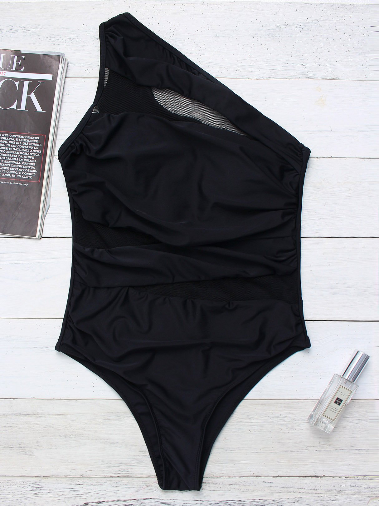 Wholesale One Shoulder Plain Fishnet See Through Sleeveless Black One-Pieces