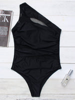 Wholesale One Shoulder Plain Fishnet See Through Sleeveless Black One-Pieces