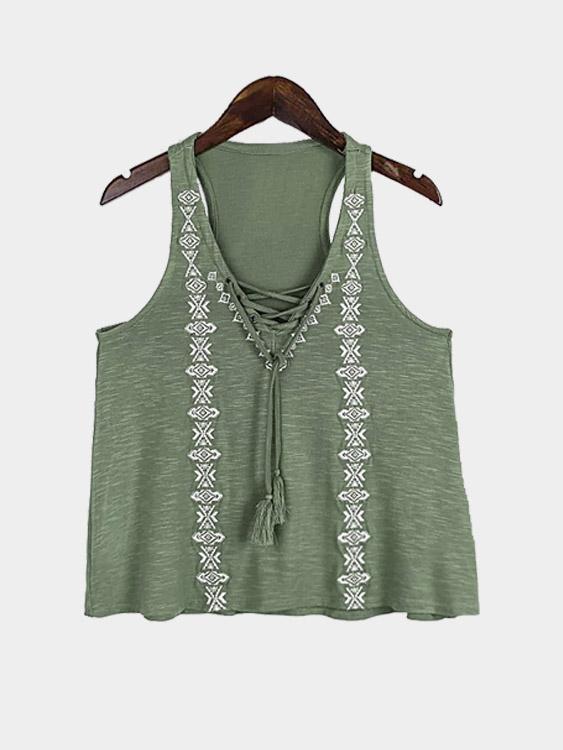 Wholesale V-Neck Embroidered Sleeveless Green Camis