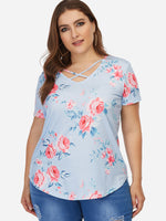 Wholesale V-Neck Floral Print Short Sleeve Curved Hem Sky Blue Plus Size Tops