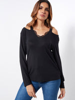 Wholesale V-Neck Cold Shoulder Plain Lace Long Sleeve Black T-Shirts