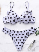 Wholesale White V-Neck Sleeveless Polka Dot Tie-Up Ruffle Hem Bikini Suit