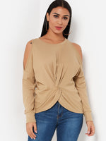 Wholesale Round Neck Cold Shoulder Pleated Long Sleeve Irregular Hem Apricot T-Shirts