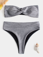 Wholesale Grey Bateau Sleeveless Plain Crossed Front Twist Two Piece Bikinis