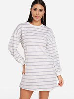 Wholesale White Round Neck Long Sleeve Stripe Shirt Dress
