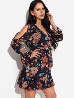 Wholesale Navy V-Neck Long Sleeve Floral Print Cut Out Wrap Dresses
