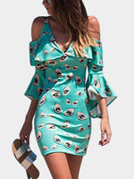 Wholesale Green V-Neck Cold Shoulder 3/4 Length Sleeve High-Waisted Bodycon Dress
