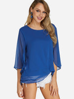 Wholesale Round Neck Plain Tiered 3/4 Sleeve Blouses
