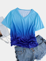 Wholesale V-Neck Plain Short Sleeve Curved Hem Blue T-Shirts