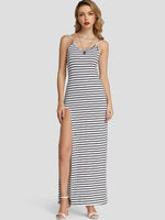 Wholesale White V-Neck Sleeveless Stripe Backless Spaghetti Strap Slit Hem Dresses