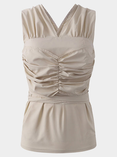 Wholesale Khaki Deep V-Neck Sleeveless Zip Back Lace-Up Dresses