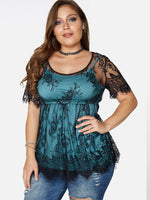 Wholesale Lace Short Sleeve Tassel Hem Blue Plus Size Tops