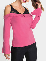 Wholesale Cold Shoulder Pullover Lace Long Sleeve Pink T-Shirts