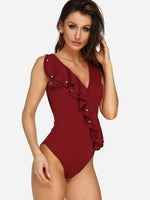 Wholesale Burgundy V-Neck Sleeveless Backless Lettuce-Edge Ruffle Hem One-Pieces Swimsuits