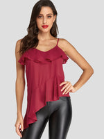 Wholesale V-Neck Plain Sleeveless Irregular Ruffle Hem Burgundy Camis